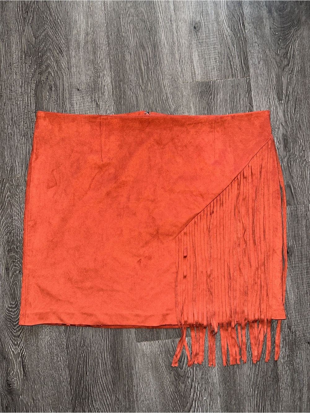 Burnt Orange Faux Suede Fringe Mini Skirt